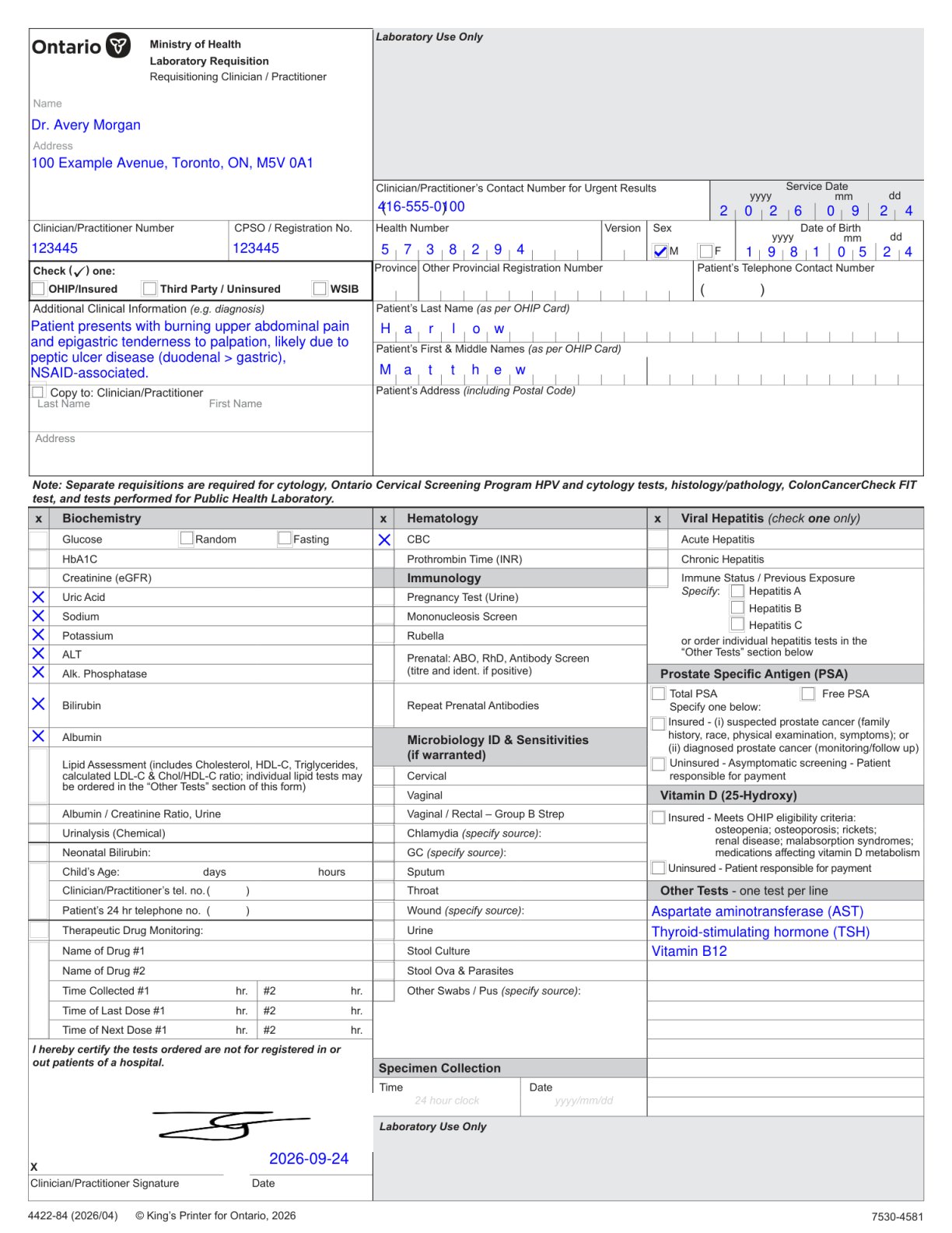 Filled Ontario laboratory requisition 4422-84 for the synthetic patient Matthew Harlow, with CBC, liver tests, electrolytes, TSH and B12 ticked