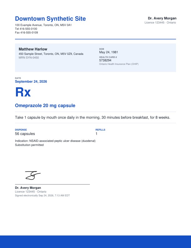 Prescription for omeprazole 20 mg, 56 capsules, one refill